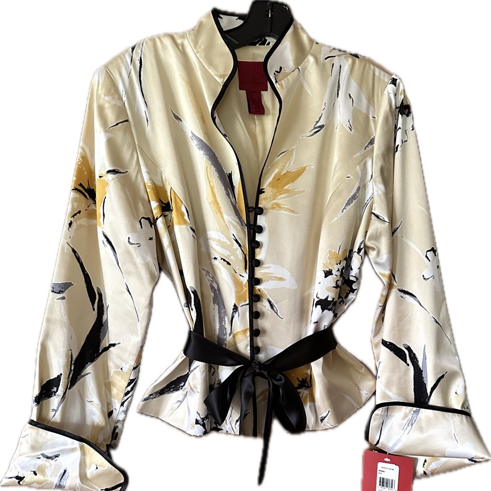 JS Collections luxurious lined jacket top, satin belt & covered buttons. 14 NWT